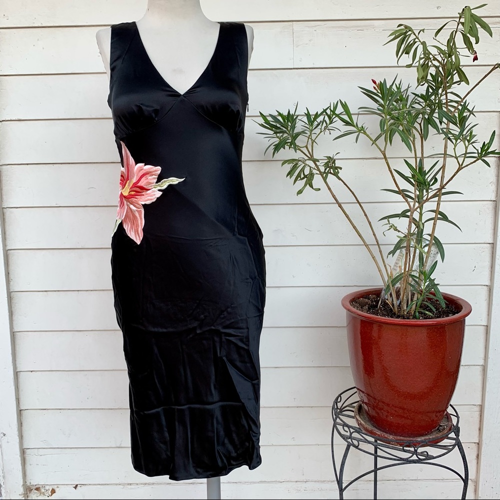 Vintage Betsey Johnson 90 2000 y2k silk floral midi wiggle dress sexy embroidere